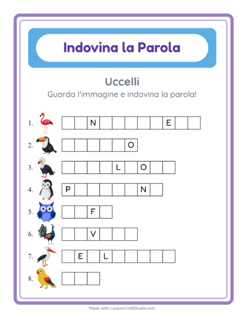 Anteprima della scheda di Indovina La Parola con Uccelli per Scuola dell'infanzia (5-7 anni)