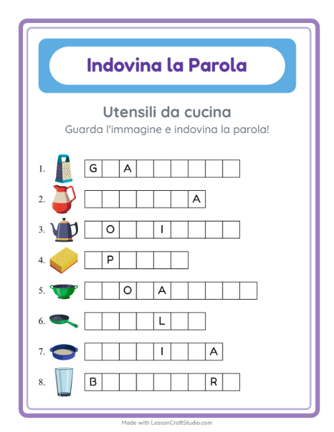 Anteprima della scheda di Indovina La Parola con Utensili da cucina per Scuola dell'infanzia (5-7 anni)