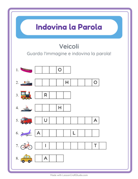 Anteprima della scheda di Indovina La Parola con Veicoli per Scuola dell'infanzia (5-7 anni)