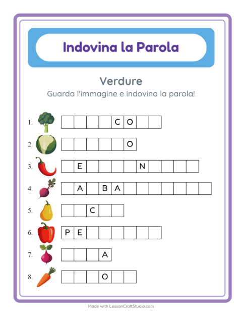 Anteprima della scheda di Indovina La Parola con Verdure per Scuola dell'infanzia (5-7 anni)