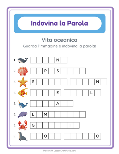 Anteprima della scheda di Indovina La Parola con Vita oceanica per Scuola dell'infanzia (5-7 anni)