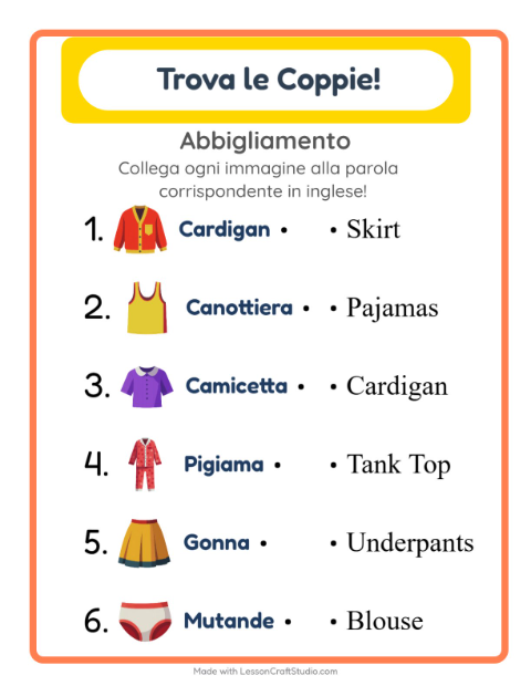 Anteprima di Imparare l’inglese: Abbigliamento – abbina immagini e parole per bambini