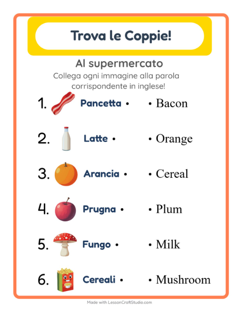 Anteprima di Imparare l’inglese: Al supermercato – abbina immagini e parole per bambini