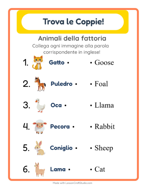 Abbina immagini e parole in inglese – Animali della fattoria