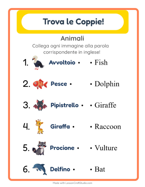 Abbina immagini e parole in inglese – Animali