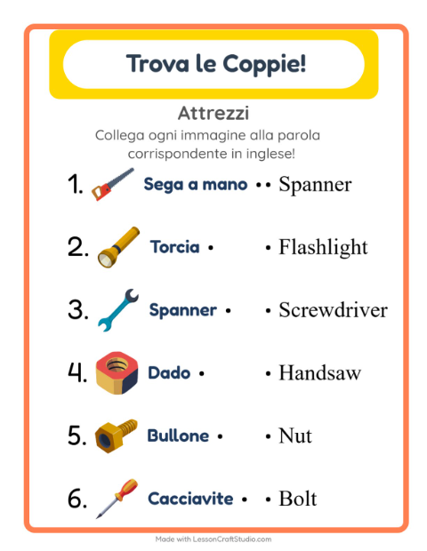 Anteprima di Imparare l’inglese: Attrezzi – abbina immagini e parole per bambini