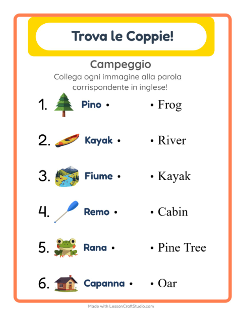 Anteprima di Imparare l’inglese: Campeggio – abbina immagini e parole per bambini