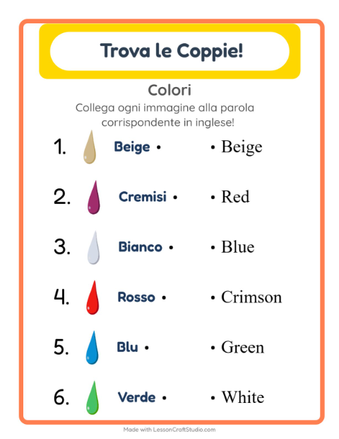Abbina immagini e parole in inglese – Colori
