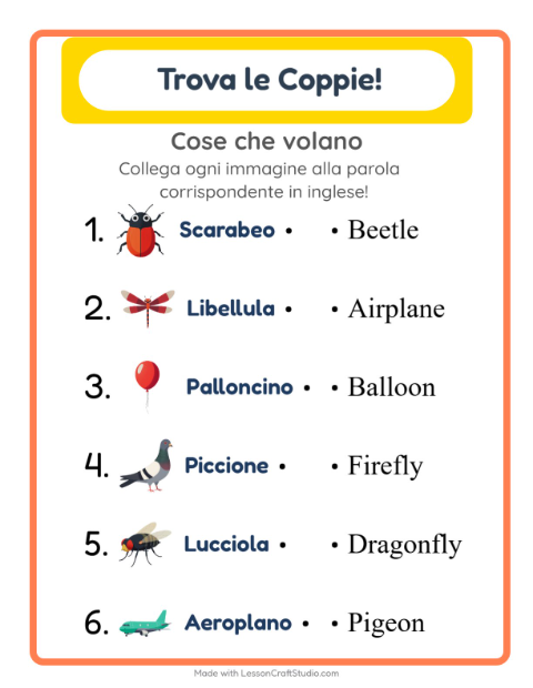 Abbina immagini e parole in inglese – Cose che volano