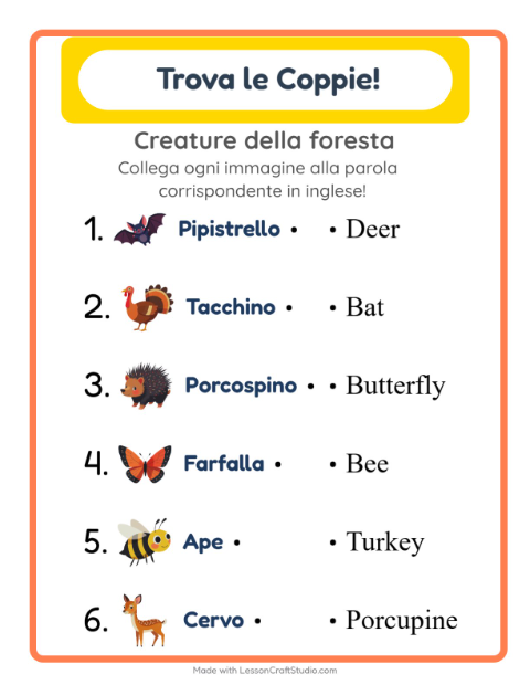 Abbina immagini e parole in inglese – Creature della foresta