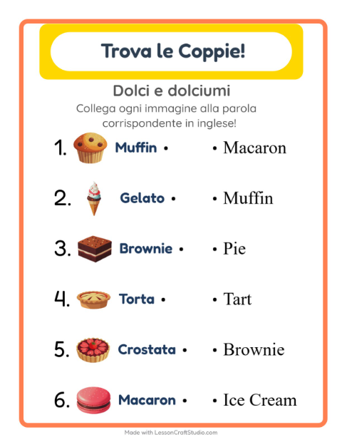 Abbina immagini e parole in inglese – Dolci e dolciumi