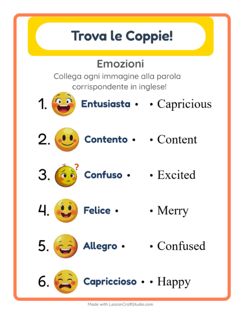 Anteprima di Imparare l’inglese: Emozioni – abbina immagini e parole per bambini