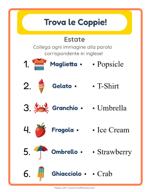 Abbina immagini e parole in inglese – Estate