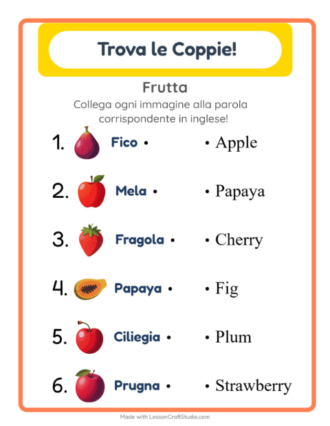 Abbina immagini e parole in inglese – Frutta
