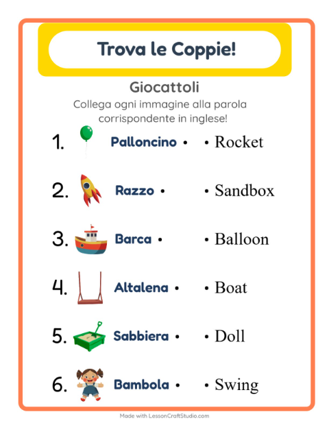 Anteprima di Imparare l’inglese: Giocattoli – abbina immagini e parole per bambini