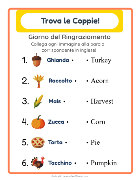 Anteprima di Imparare l’inglese: Giorno del Ringraziamento – abbina immagini e parole per bambini