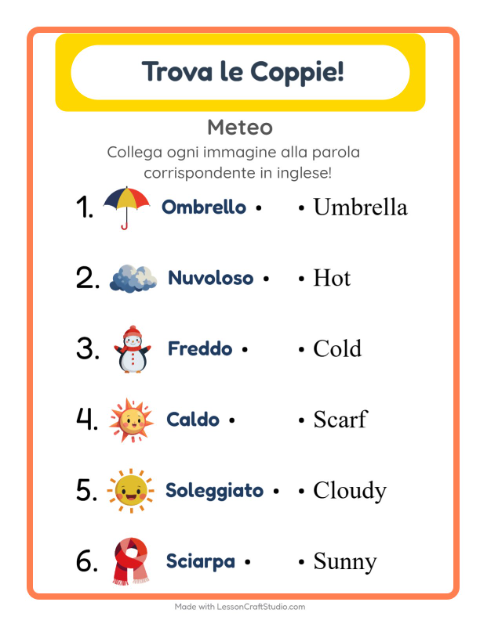 Anteprima di Imparare l’inglese: Meteo – abbina immagini e parole per bambini
