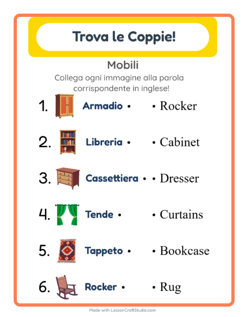 Anteprima di Imparare l’inglese: Mobili – abbina immagini e parole per bambini