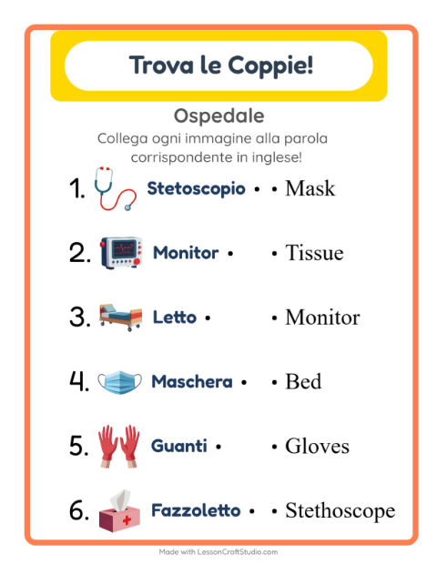 Abbina immagini e parole in inglese – Ospedale