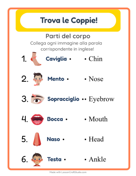 Abbina immagini e parole in inglese – Parti del corpo