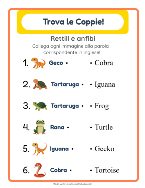Abbina immagini e parole in inglese – Rettili e anfibi
