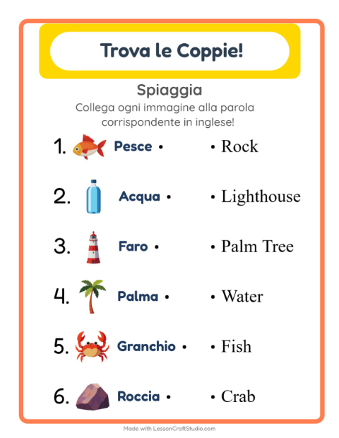 Abbina immagini e parole in inglese – Spiaggia
