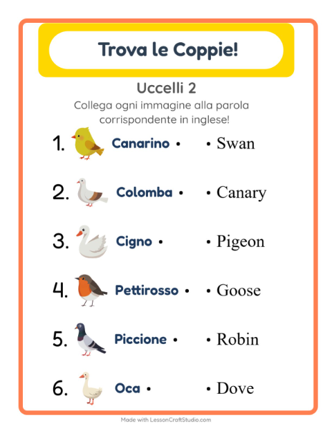 Abbina immagini e parole in inglese – Uccelli 2
