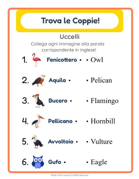 Abbina immagini e parole in inglese – Uccelli