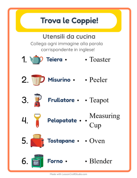 Abbina immagini e parole in inglese – Utensili da cucina