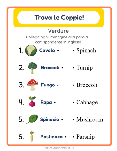 Abbina immagini e parole in inglese – Verdure