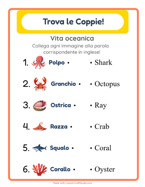 Abbina immagini e parole in inglese – Vita oceanica