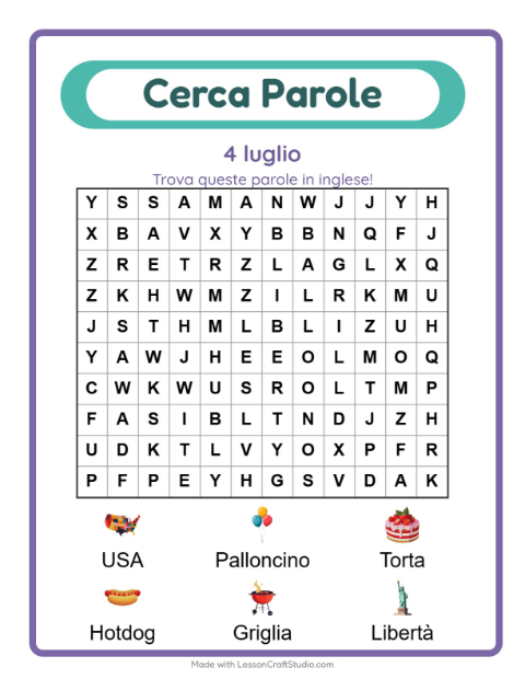 Anteprima della scheda di Cerca Parole con 4 luglio per Scuola primaria classe prima
