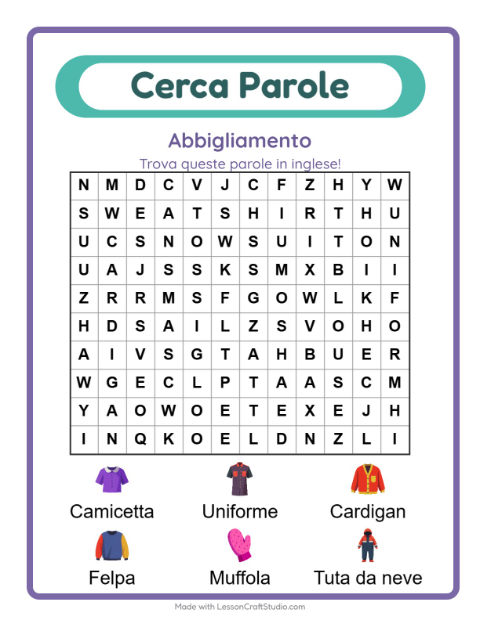 Parole nascoste in inglese – Abbigliamento