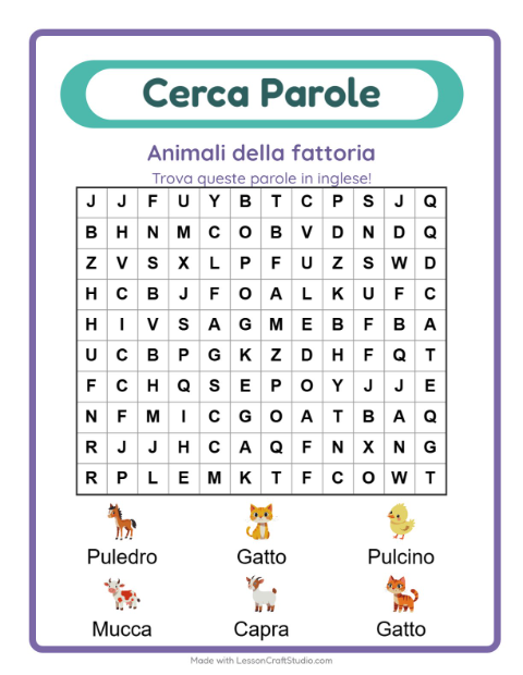 Parole nascoste in inglese – Animali della fattoria