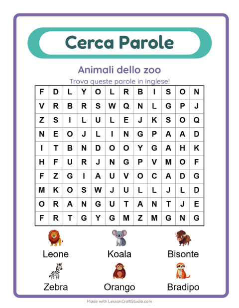 Parole nascoste in inglese – Animali dello zoo