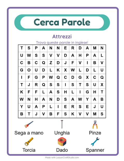 Anteprima di Imparare l’inglese: Attrezzi – parole nascoste per bambini