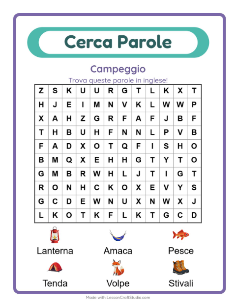 Parole nascoste in inglese – Campeggio