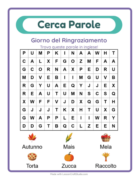 Parole nascoste in inglese – Giorno del Ringraziamento