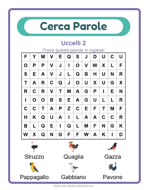 Parole nascoste in inglese – Uccelli 2