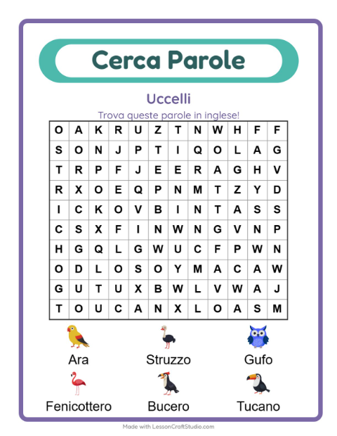 Parole nascoste in inglese – Uccelli