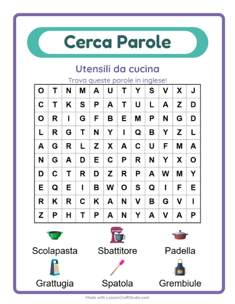 Parole nascoste in inglese – Utensili da cucina