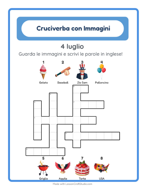 Anteprima della scheda di Cruciverba con 4 luglio per Scuola primaria classe seconda