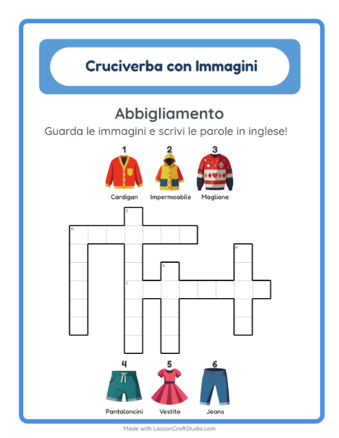 Cruciverba illustrato in inglese – Abbigliamento