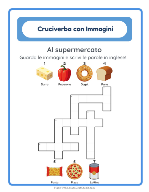 Anteprima di Imparare l’inglese: Al supermercato – cruciverba per bambini