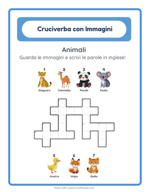 Cruciverba illustrato in inglese – Animali