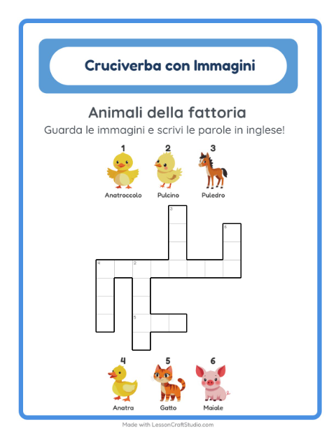 Cruciverba illustrato in inglese – Animali della fattoria