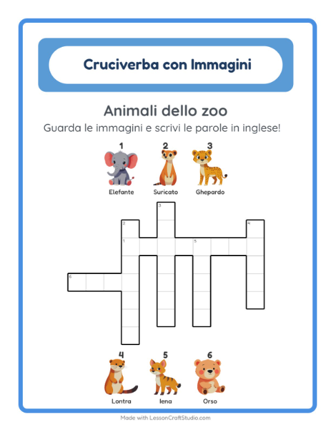 Cruciverba illustrato in inglese – Animali dello zoo