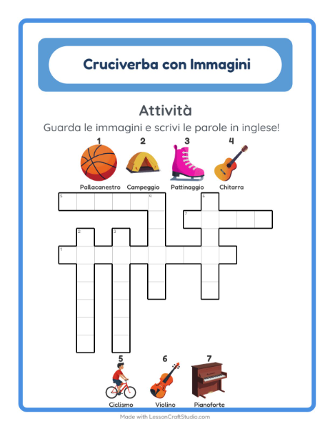 Cruciverba illustrato in inglese – Attività