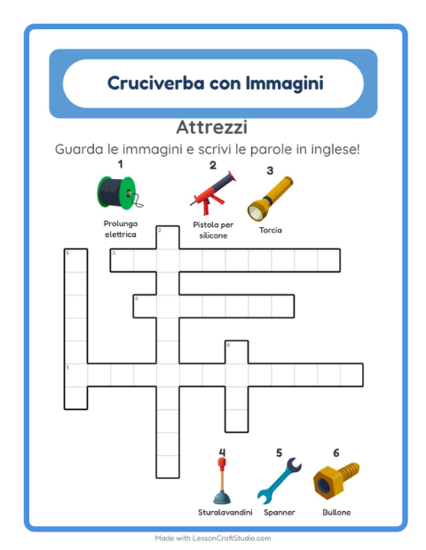 Anteprima di Imparare l’inglese: Attrezzi – cruciverba per bambini
