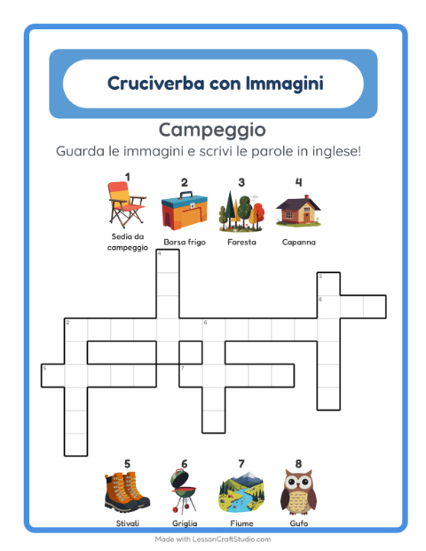 Cruciverba illustrato in inglese – Campeggio